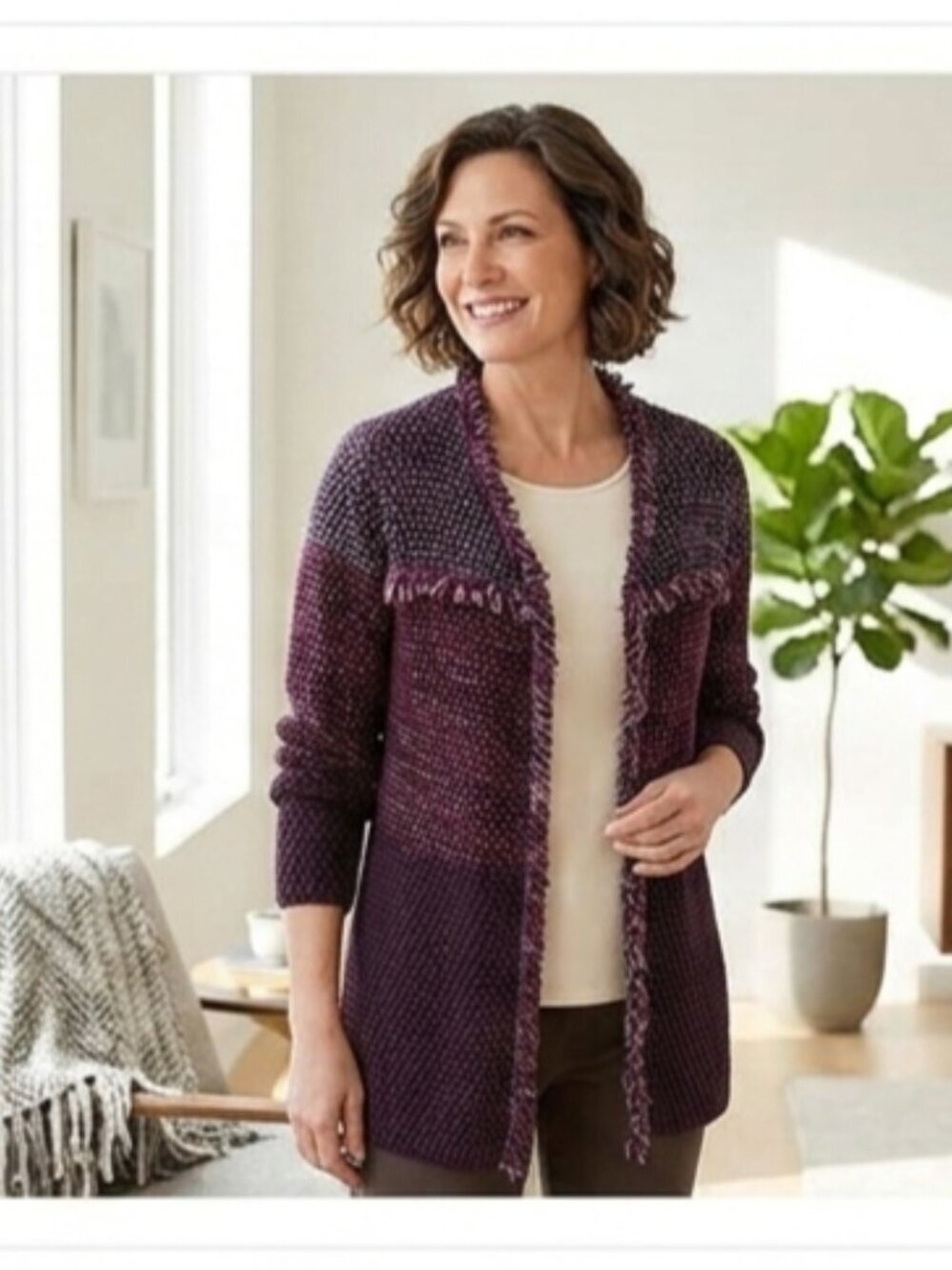 Chico's Women's SZ 3P/XL Purple Textured Tweed Long Sleeve Open Front Jacket
